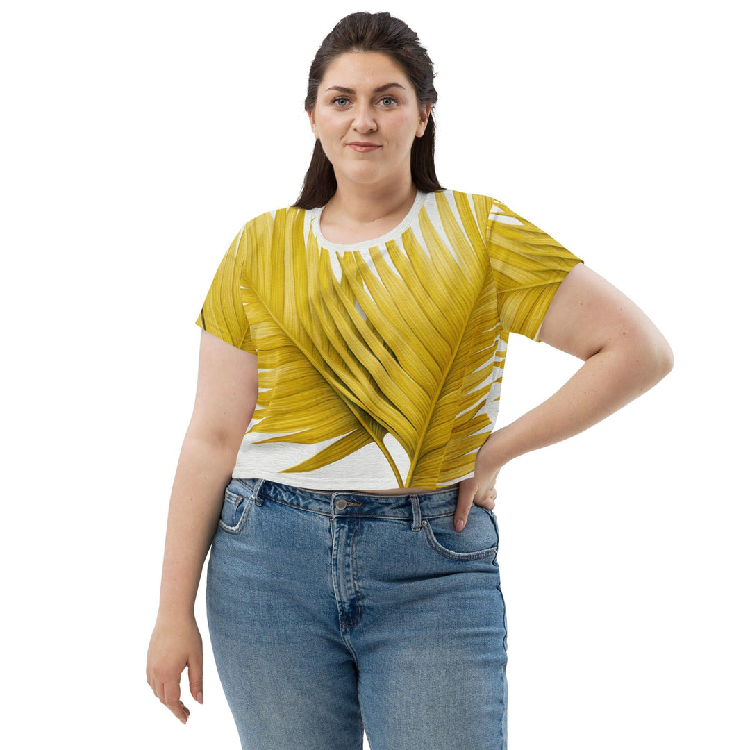 Womens Stretch Fit Crop Tee T-shirt Jersey - Yellow Palm Leaves