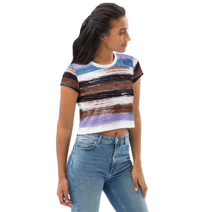 Womens Stretch Fit Crop Tee T-shirt - Lavender Black Brown Rustic Pattern