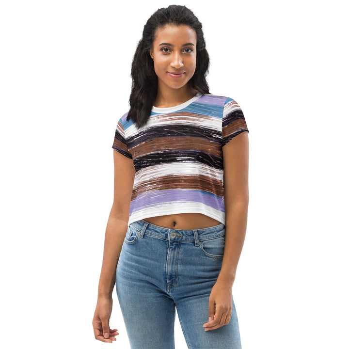 Womens Stretch Fit Crop Tee T-shirt - Lavender Black Brown Rustic Pattern