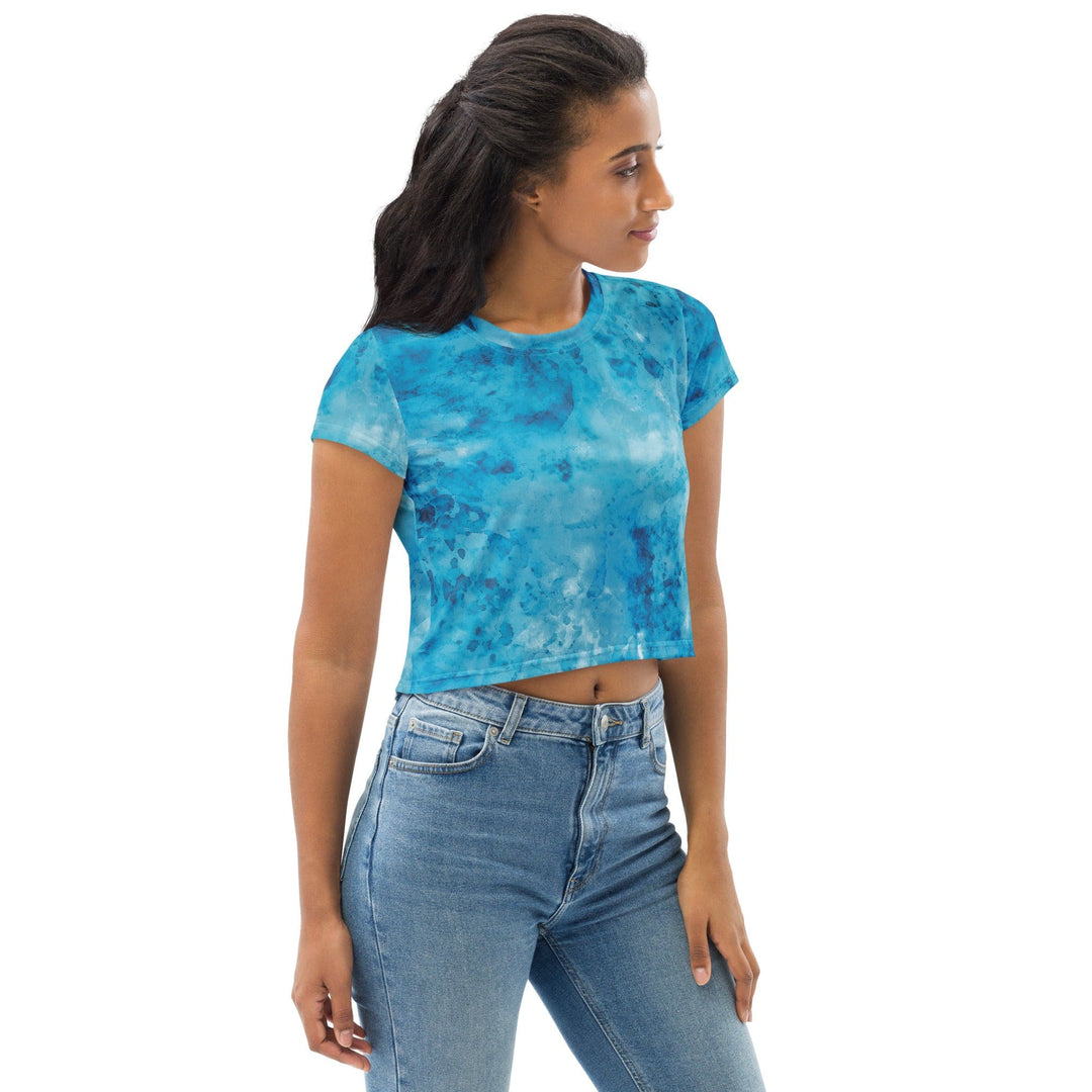 Womens Stretch Fit Crop Tee T-shirt - Blue Marble Print
