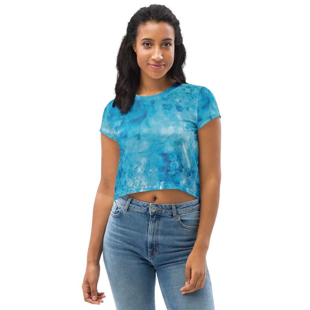 Womens Stretch Fit Crop Tee T-shirt - Blue Marble Print
