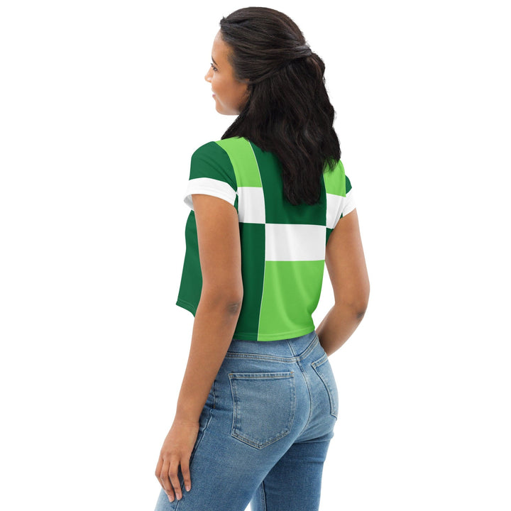 Womens Stretch Fit Crop Tee T-shirt - Green White Colorblock Grid Lines