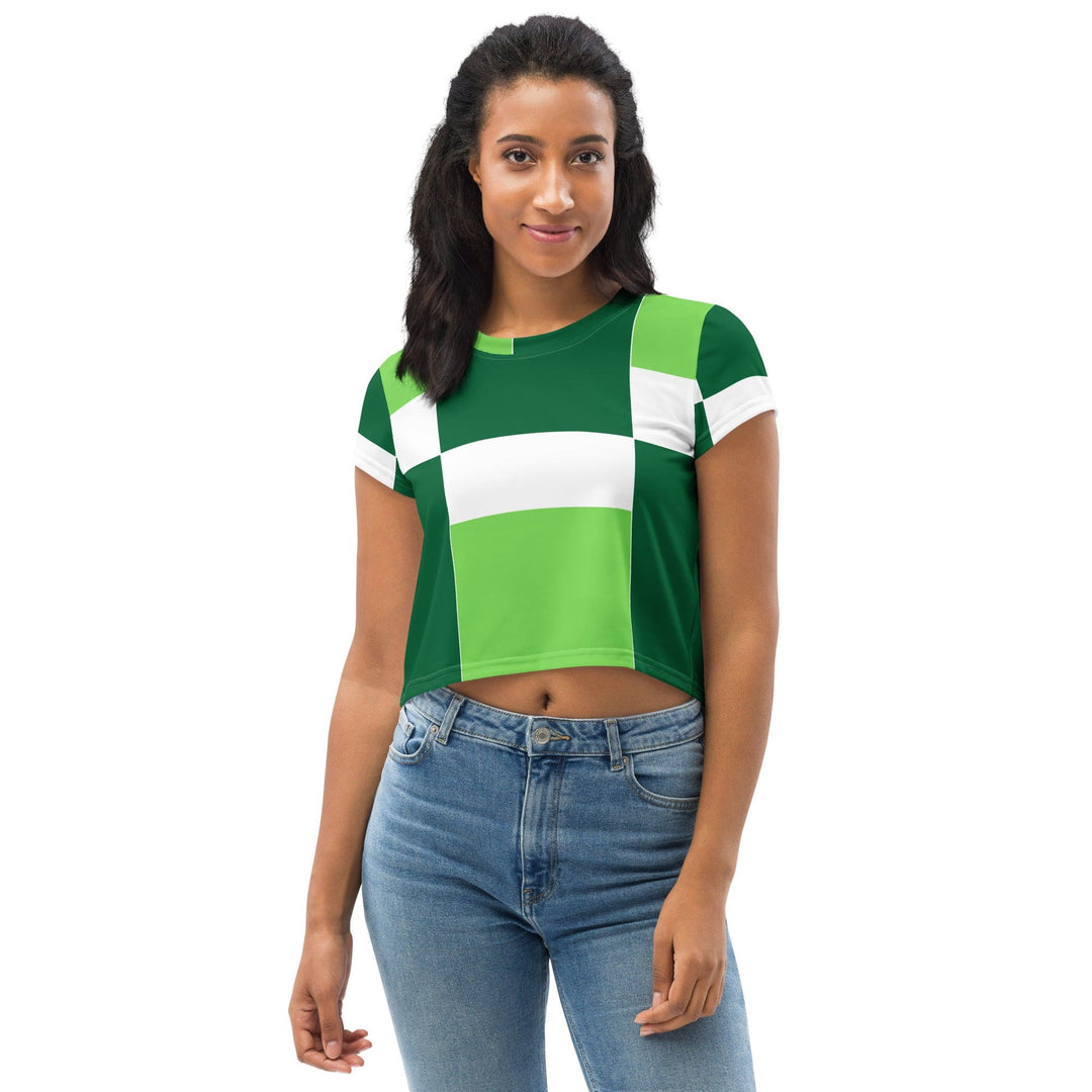 Womens Stretch Fit Crop Tee T-shirt - Green White Colorblock Grid Lines