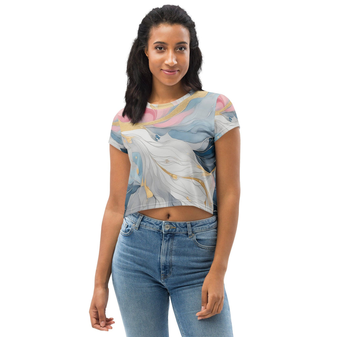 Womens Stretch Fit Crop Tee T-shirt - Marble Cloud of Grey Pink Blue 552