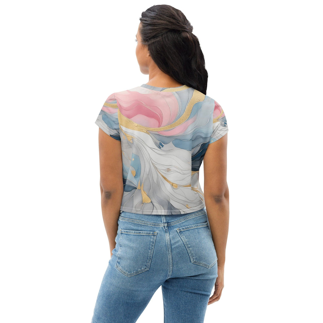Womens Stretch Fit Crop Tee T-shirt - Marble Cloud of Grey Pink Blue 552