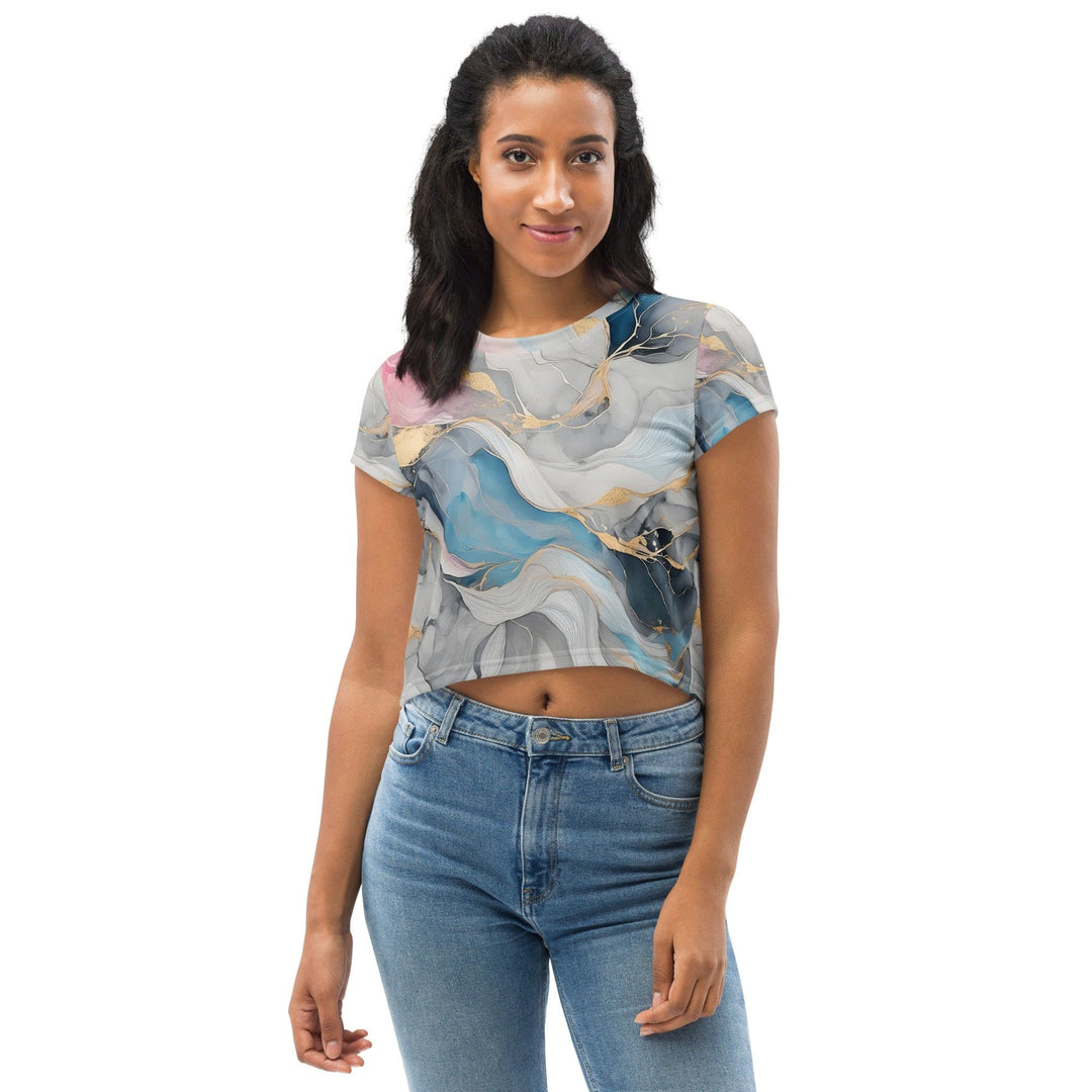 Womens Stretch Fit Crop Tee T-shirt - Marble Cloud of Grey Pink Blue 63389