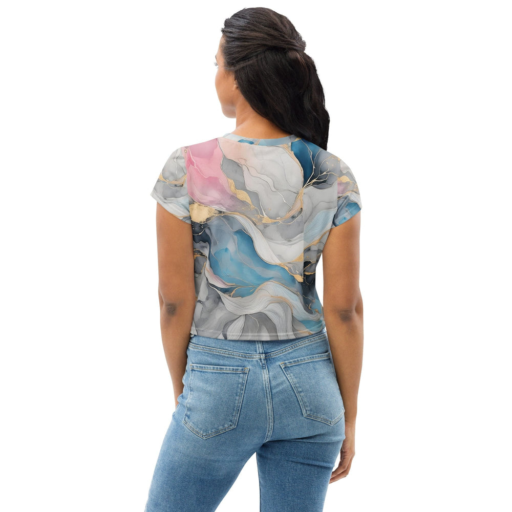 Womens Stretch Fit Crop Tee T-shirt - Marble Cloud of Grey Pink Blue 63389