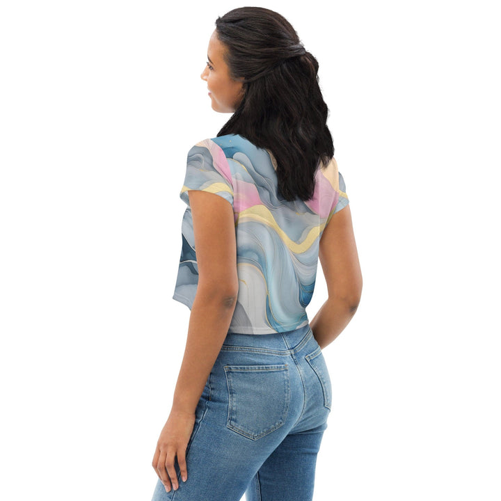 Womens Stretch Fit Crop Tee T-shirt - Marble Cloud of Grey Pink Blue 72067