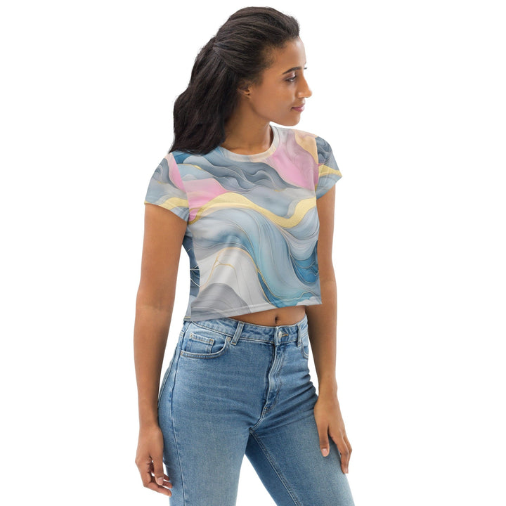 Womens Stretch Fit Crop Tee T-shirt - Marble Cloud of Grey Pink Blue 72067