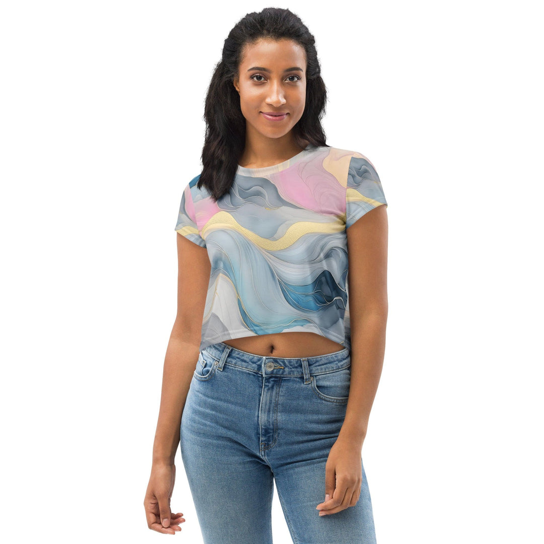 Womens Stretch Fit Crop Tee T-shirt - Marble Cloud of Grey Pink Blue 72067