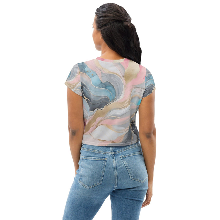 Womens Stretch Fit Crop Tee T-shirt - Marble Cloud of Grey Pink Blue 82395