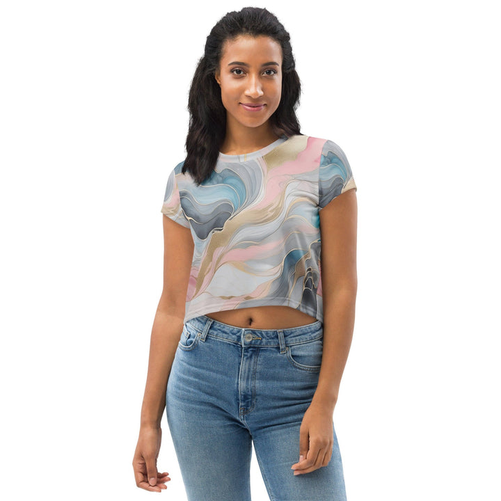 Womens Stretch Fit Crop Tee T-shirt - Marble Cloud of Grey Pink Blue 82395