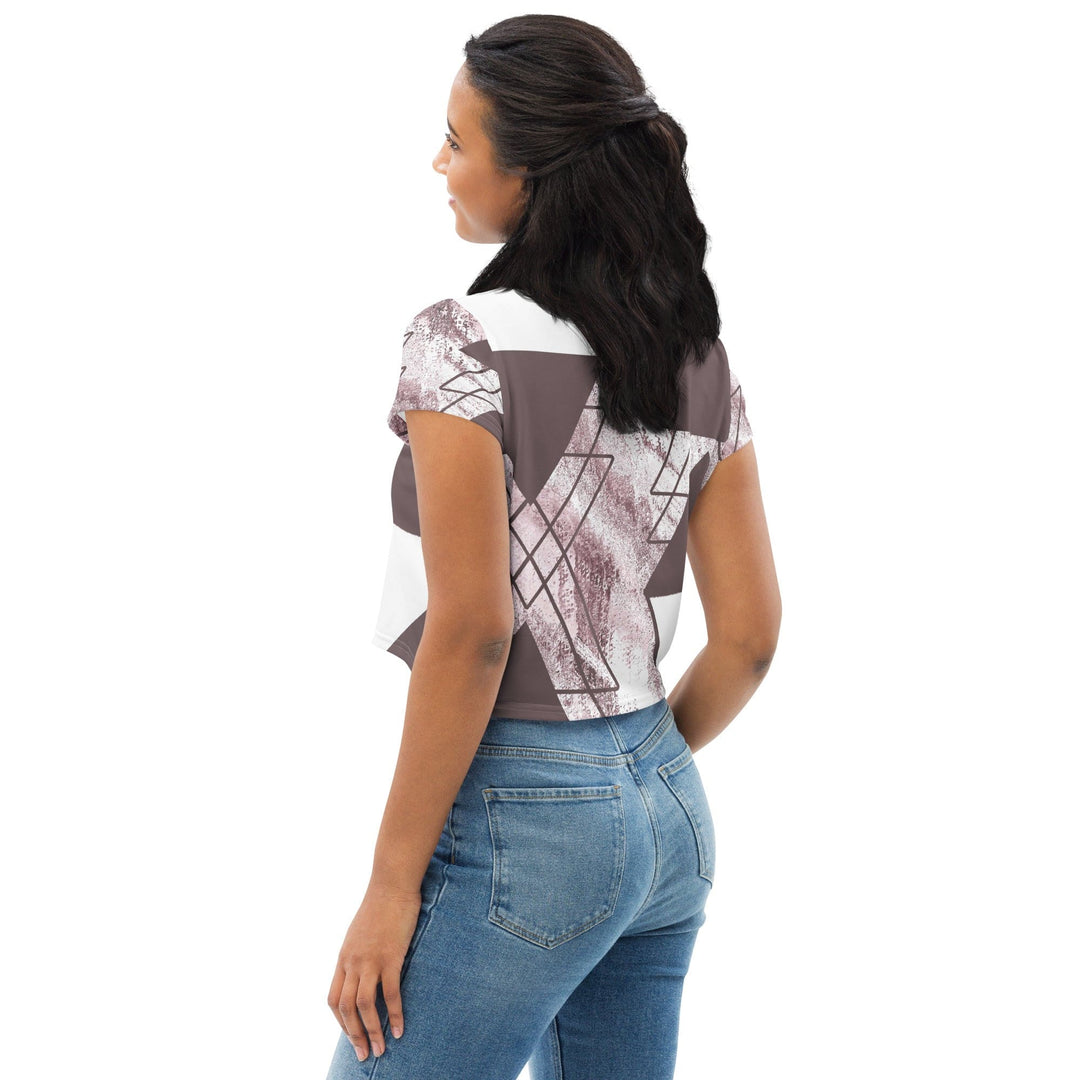 Womens Stretch Fit Crop Tee T-shirt - Mauve Rose and White Triangular