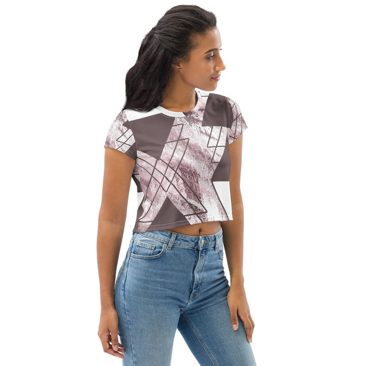 Womens Stretch Fit Crop Tee T-shirt - Mauve Rose and White Triangular