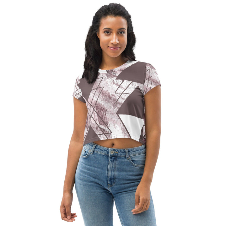 Womens Stretch Fit Crop Tee T-shirt - Mauve Rose and White Triangular