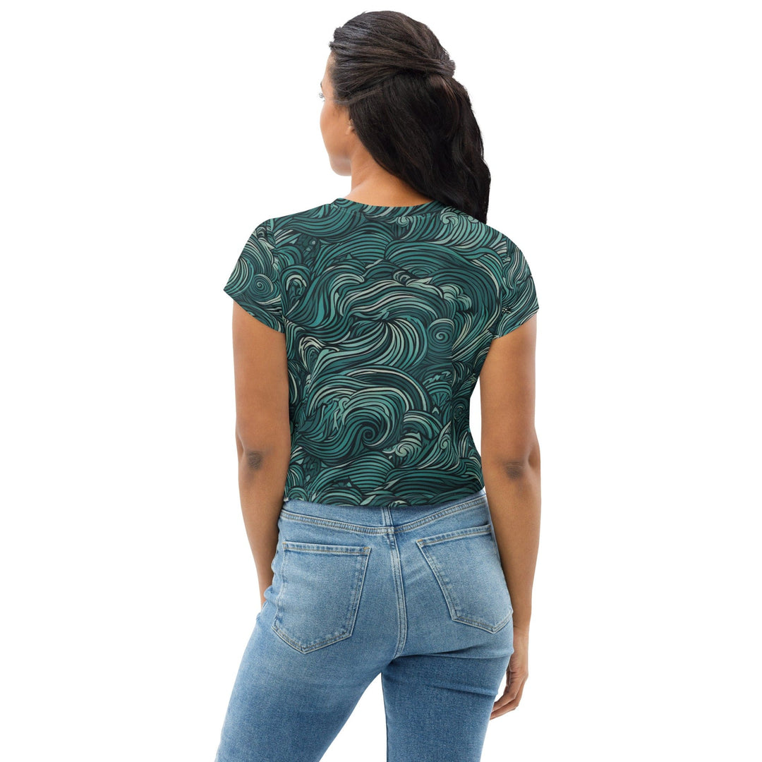 Womens Stretch Fit Crop Tee T-shirt - Mint Green Water Wave Print