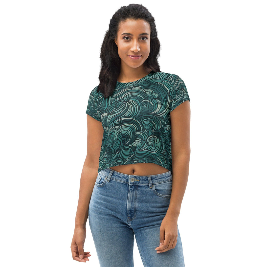 Womens Stretch Fit Crop Tee T-shirt - Mint Green Water Wave Print