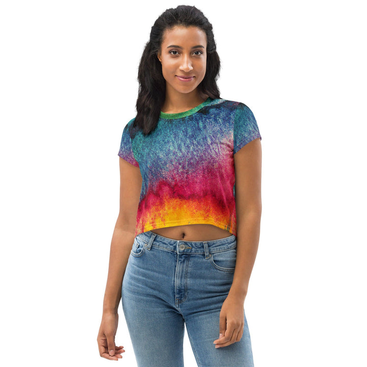 Womens Stretch Fit Crop Tee T-shirt - Multicolor Abstract Pattern