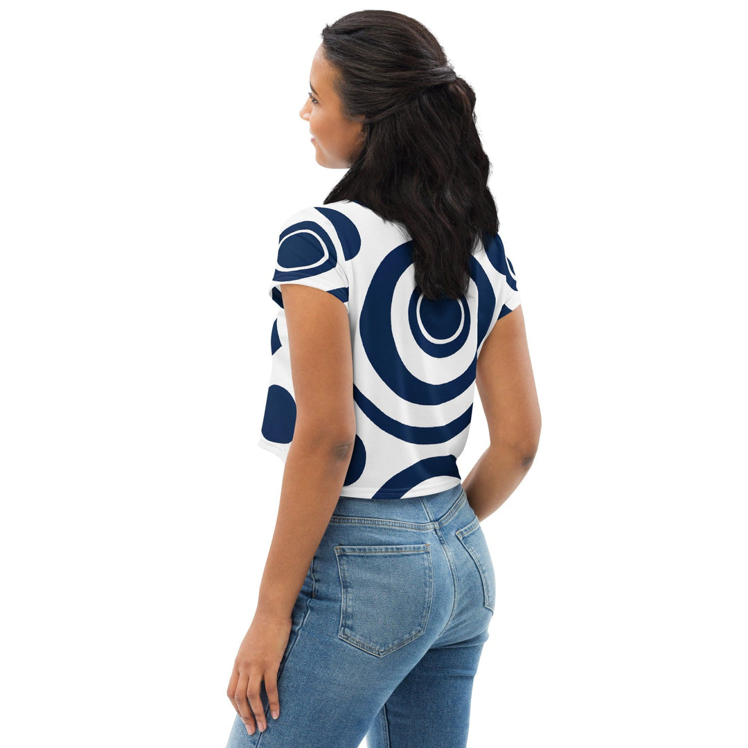 Womens Stretch Fit Crop Tee T-shirt - Navy Blue and White Circular Pattern