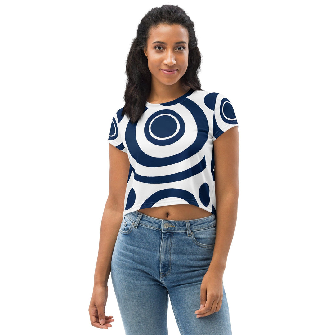 Womens Stretch Fit Crop Tee T-shirt - Navy Blue and White Circular Pattern