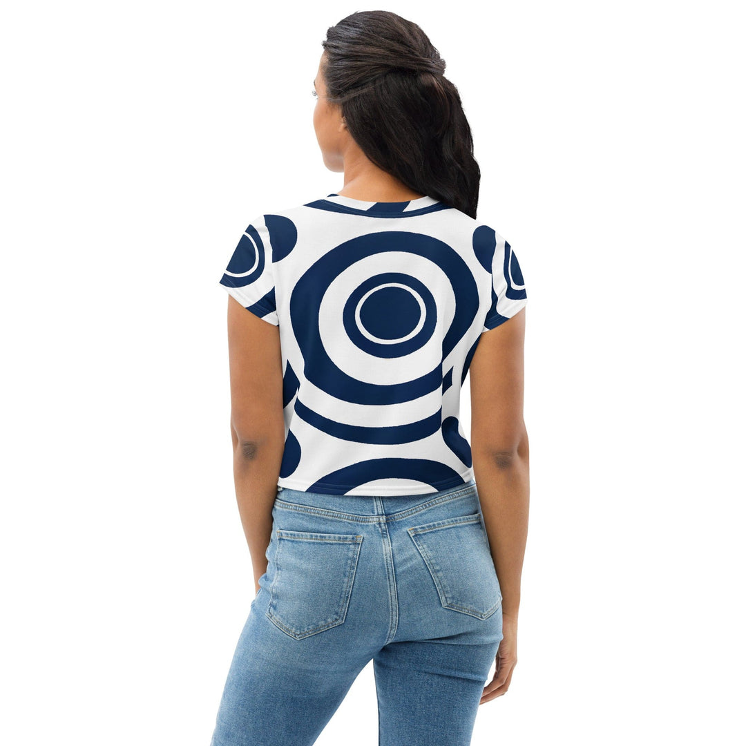 Womens Stretch Fit Crop Tee T-shirt - Navy Blue and White Circular Pattern