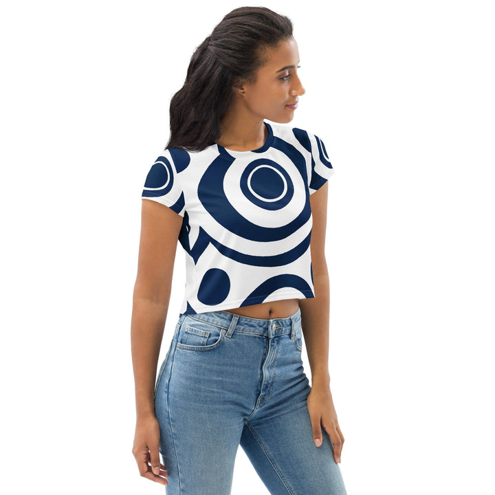 Womens Stretch Fit Crop Tee T-shirt - Navy Blue and White Circular Pattern