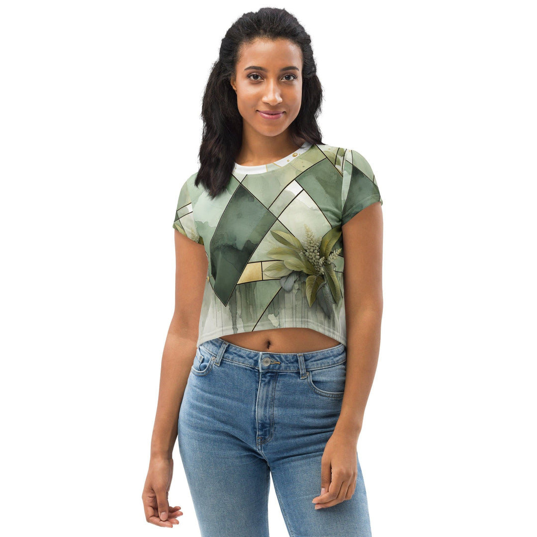Womens Stretch Fit Crop Tee T-shirt - Olive Green Mint Leaf Geometric Print