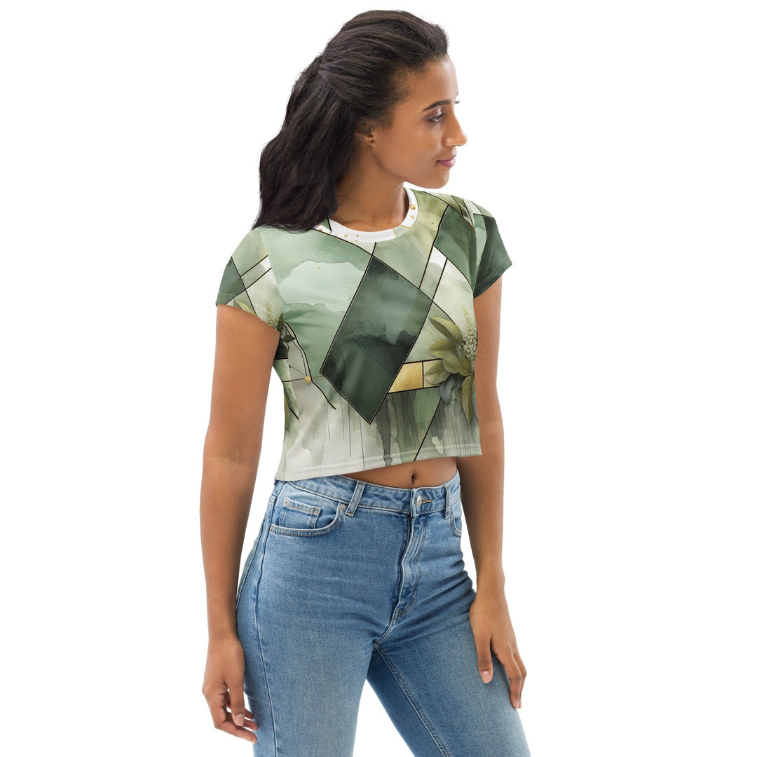 Womens Stretch Fit Crop Tee T-shirt - Olive Green Mint Leaf Geometric Print