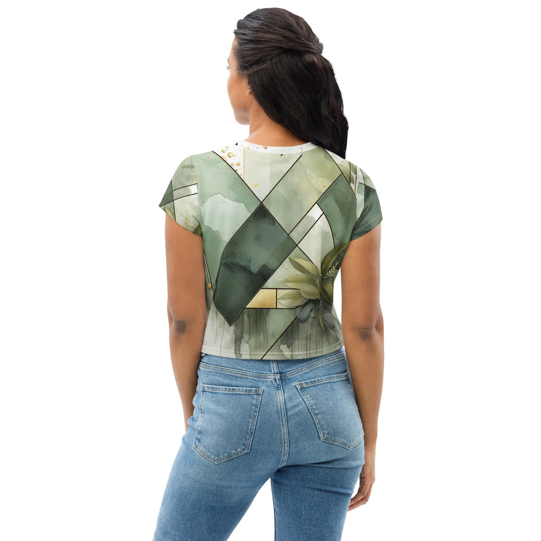 Womens Stretch Fit Crop Tee T-shirt - Olive Green Mint Leaf Geometric Print