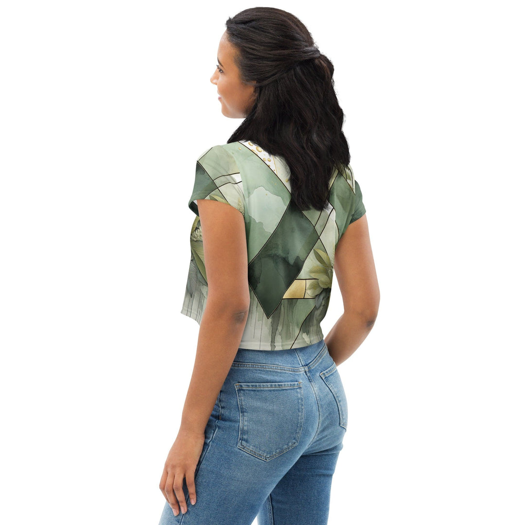 Womens Stretch Fit Crop Tee T-shirt - Olive Green Mint Leaf Geometric Print