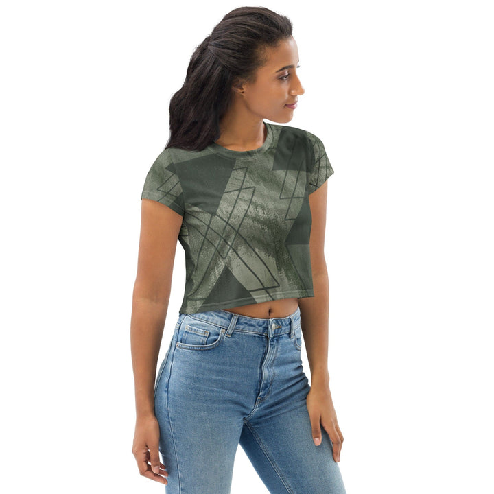Womens Stretch Fit Crop Tee T-shirt - Olive Green Triangular Colorblock