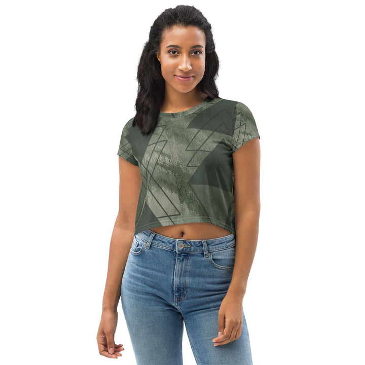 Womens Stretch Fit Crop Tee T-shirt - Olive Green Triangular Colorblock