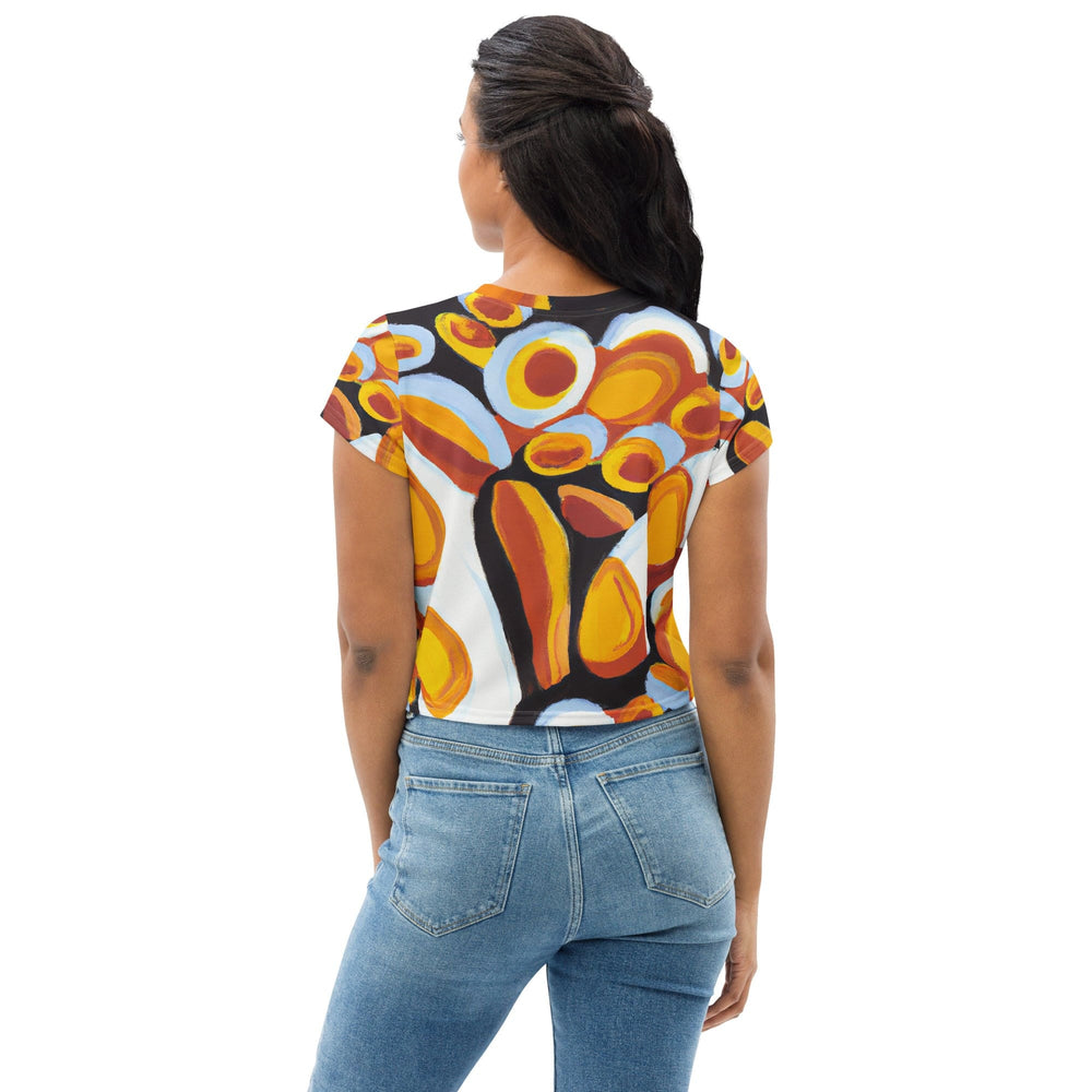 Womens Stretch Fit Crop Tee T-shirt - Orange Black White Geometric Print