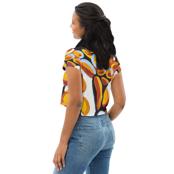 Womens Stretch Fit Crop Tee T-shirt - Orange Black White Geometric Print