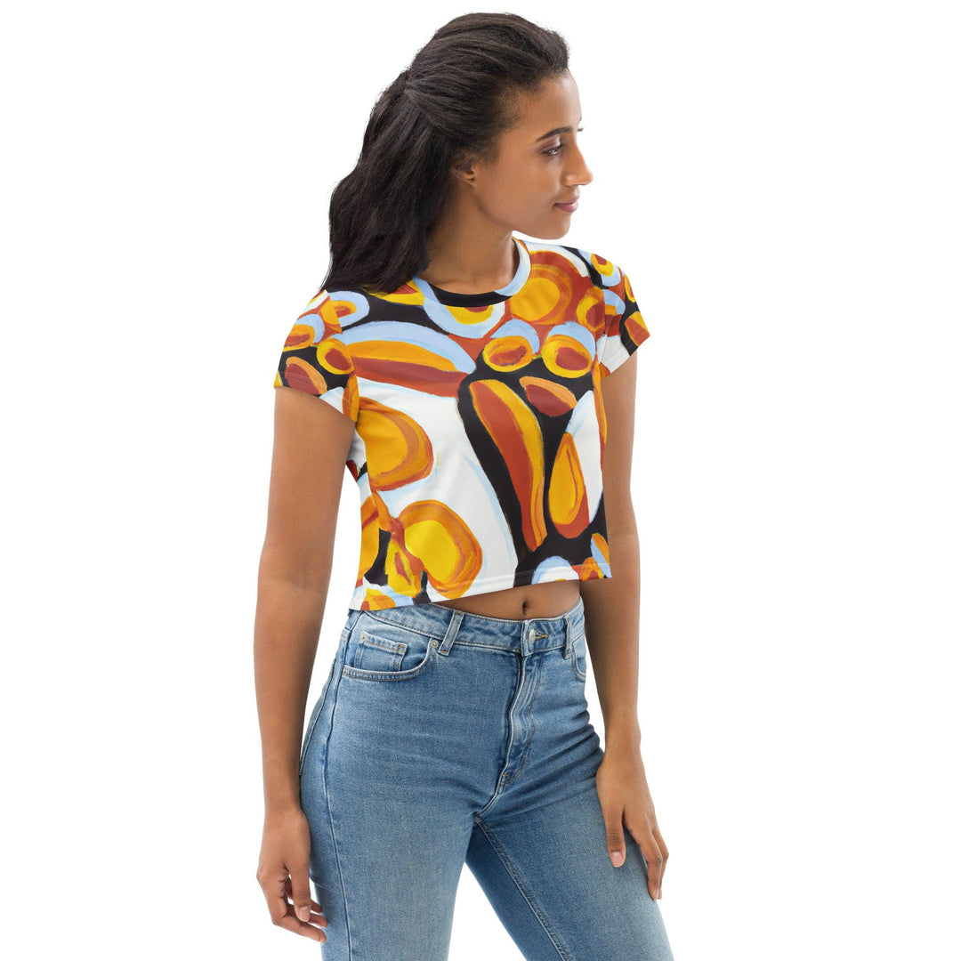 Womens Stretch Fit Crop Tee T-shirt - Orange Black White Geometric Print