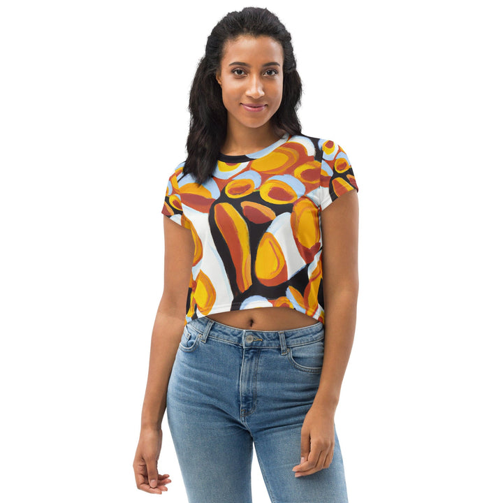 Womens Stretch Fit Crop Tee T-shirt - Orange Black White Geometric Print