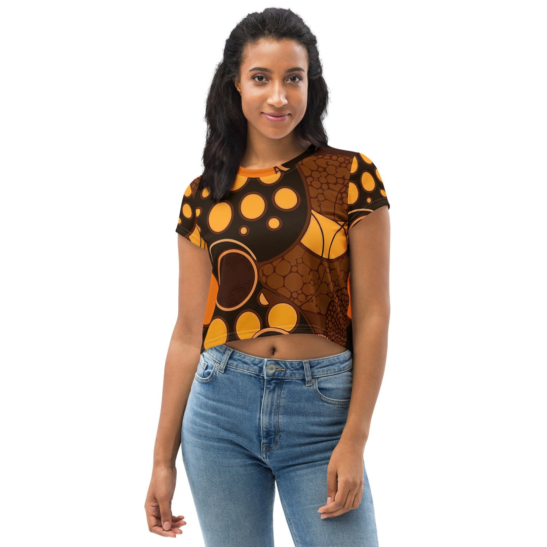 Womens Stretch Fit Crop Tee T-shirt - Orange Brown Spotted Print