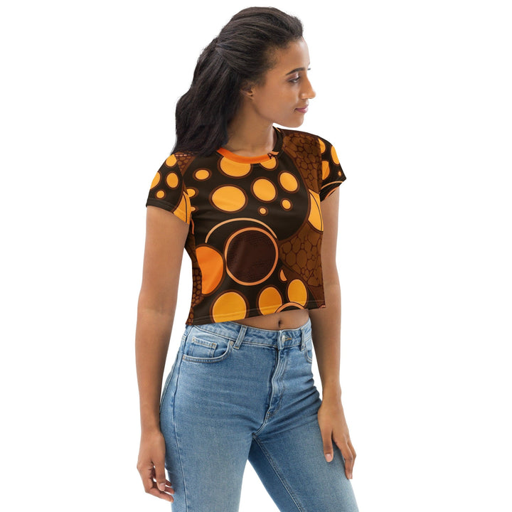 Womens Stretch Fit Crop Tee T-shirt - Orange Brown Spotted Print