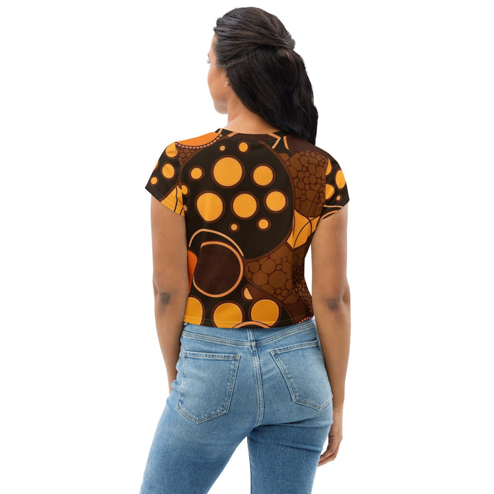 Womens Stretch Fit Crop Tee T-shirt - Orange Brown Spotted Print