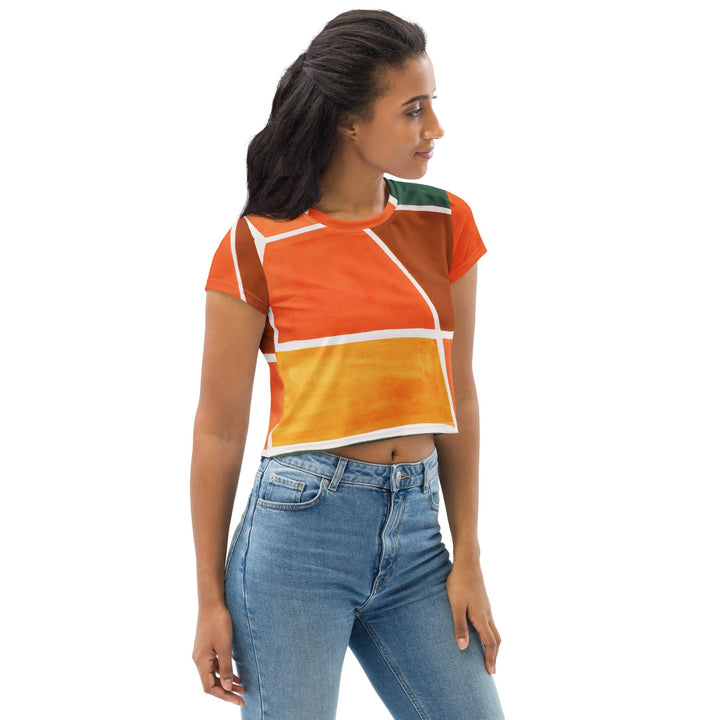 Womens Stretch Fit Crop Tee T-shirt - Orange Green Boho Pattern