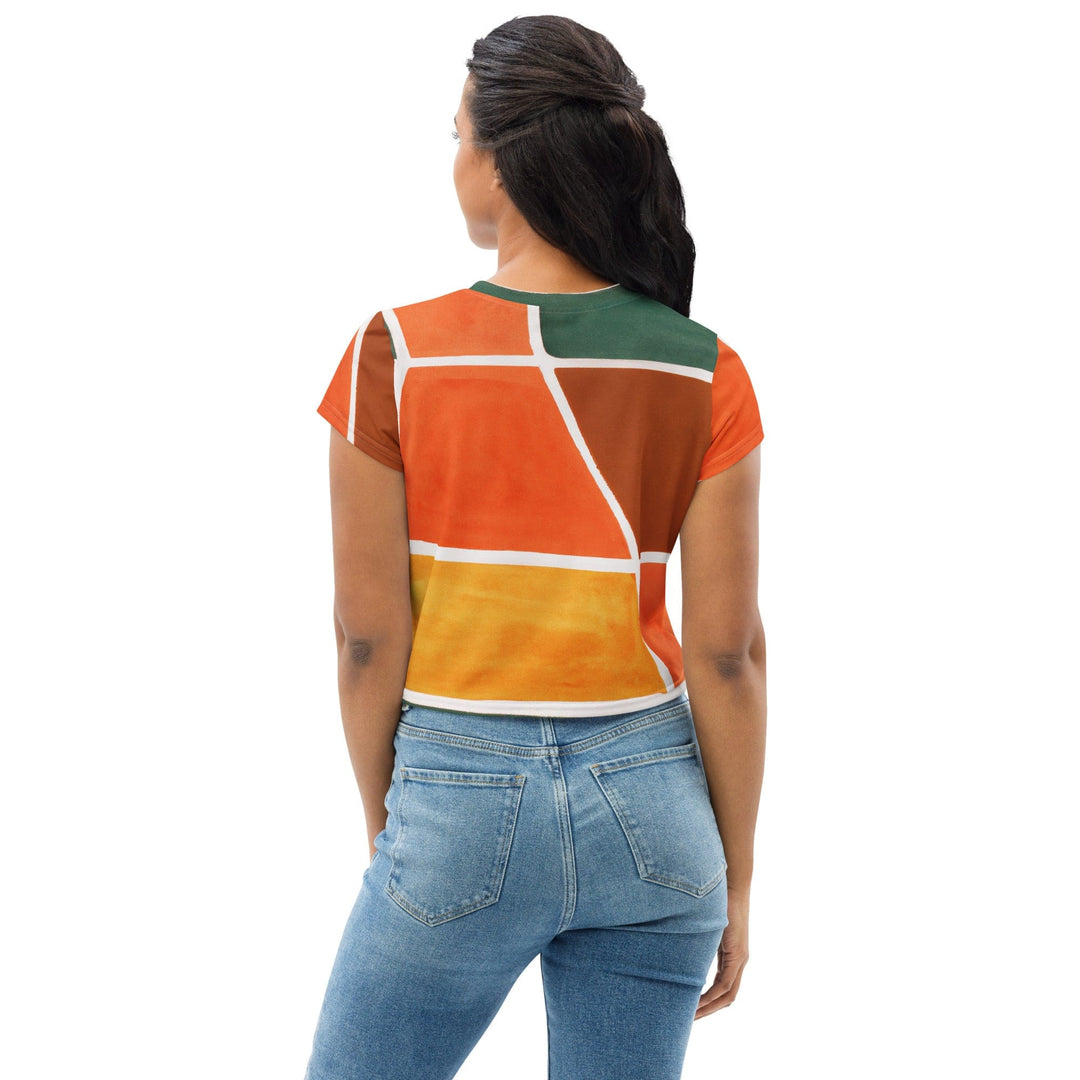 Womens Stretch Fit Crop Tee T-shirt - Orange Green Boho Pattern