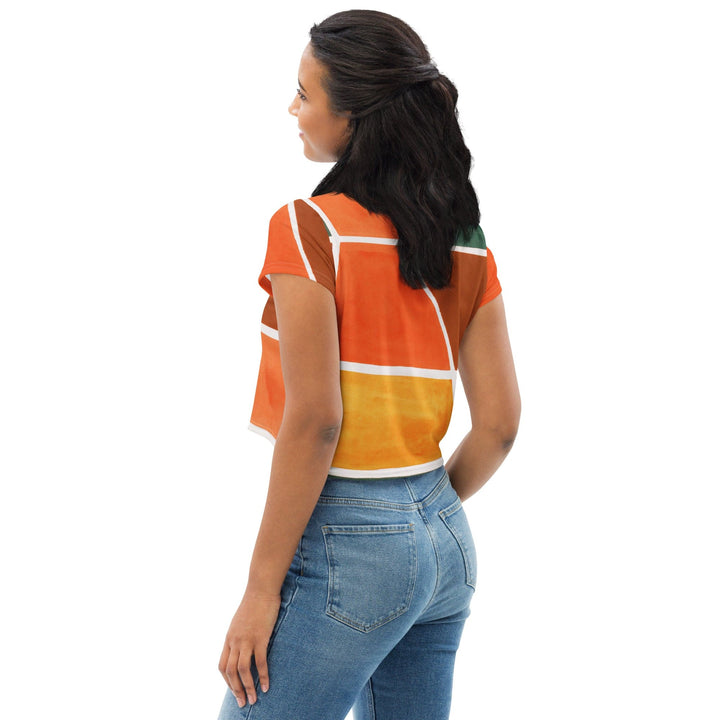 Womens Stretch Fit Crop Tee T-shirt - Orange Green Boho Pattern