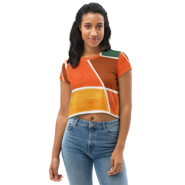 Womens Stretch Fit Crop Tee T-shirt - Orange Green Boho Pattern