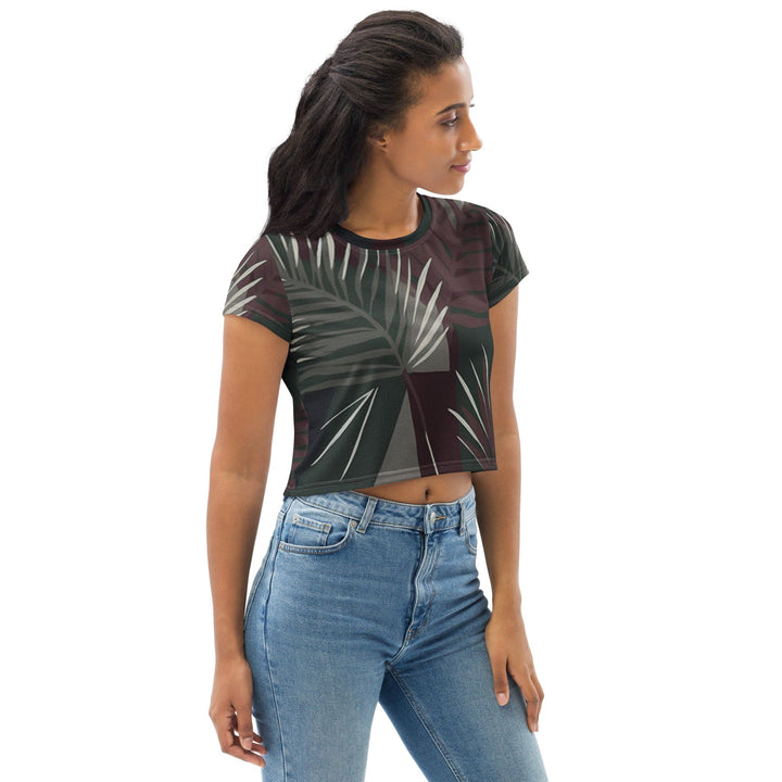 Womens Stretch Fit Crop Tee T-shirt - Palm Tree Leaves Maroon Green Background