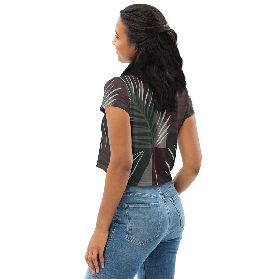 Womens Stretch Fit Crop Tee T-shirt - Palm Tree Leaves Maroon Green Background