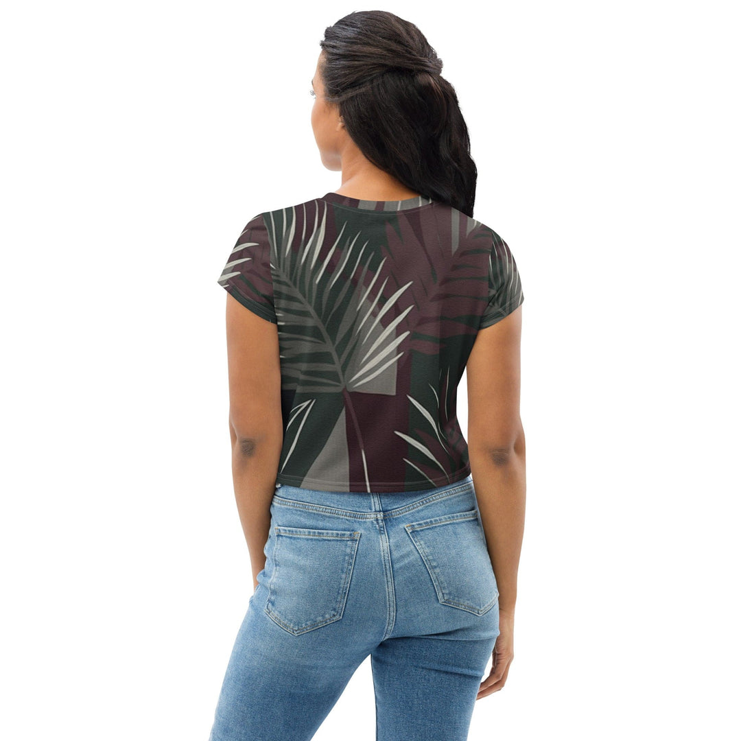 Womens Stretch Fit Crop Tee T-shirt - Palm Tree Leaves Maroon Green Background