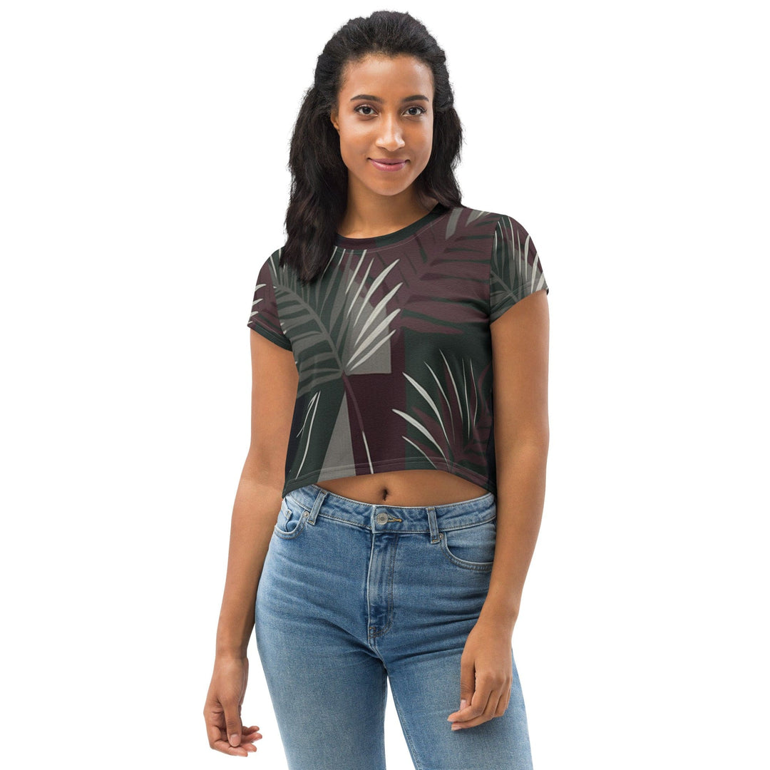Womens Stretch Fit Crop Tee T-shirt - Palm Tree Leaves Maroon Green Background