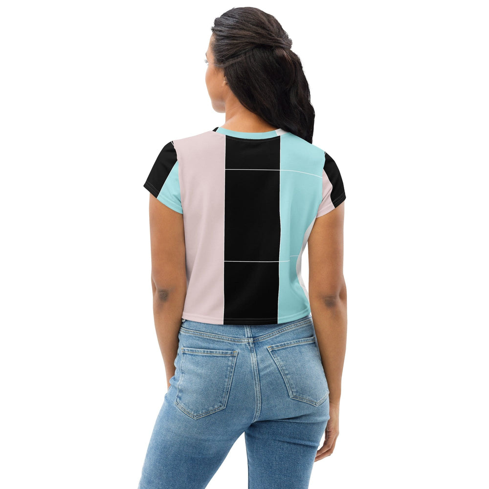 Womens Stretch Fit Crop Tee T-shirt - Pastel Pink Black Blue Colorblock Lines
