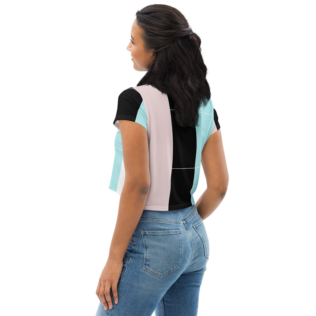 Womens Stretch Fit Crop Tee T-shirt - Pastel Pink Black Blue Colorblock Lines