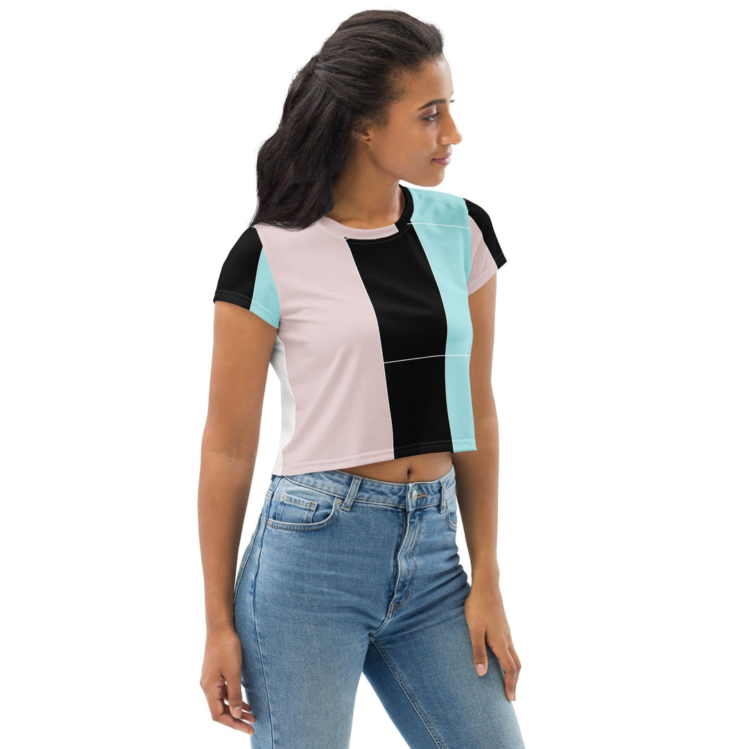 Womens Stretch Fit Crop Tee T-shirt - Pastel Pink Black Blue Colorblock Lines